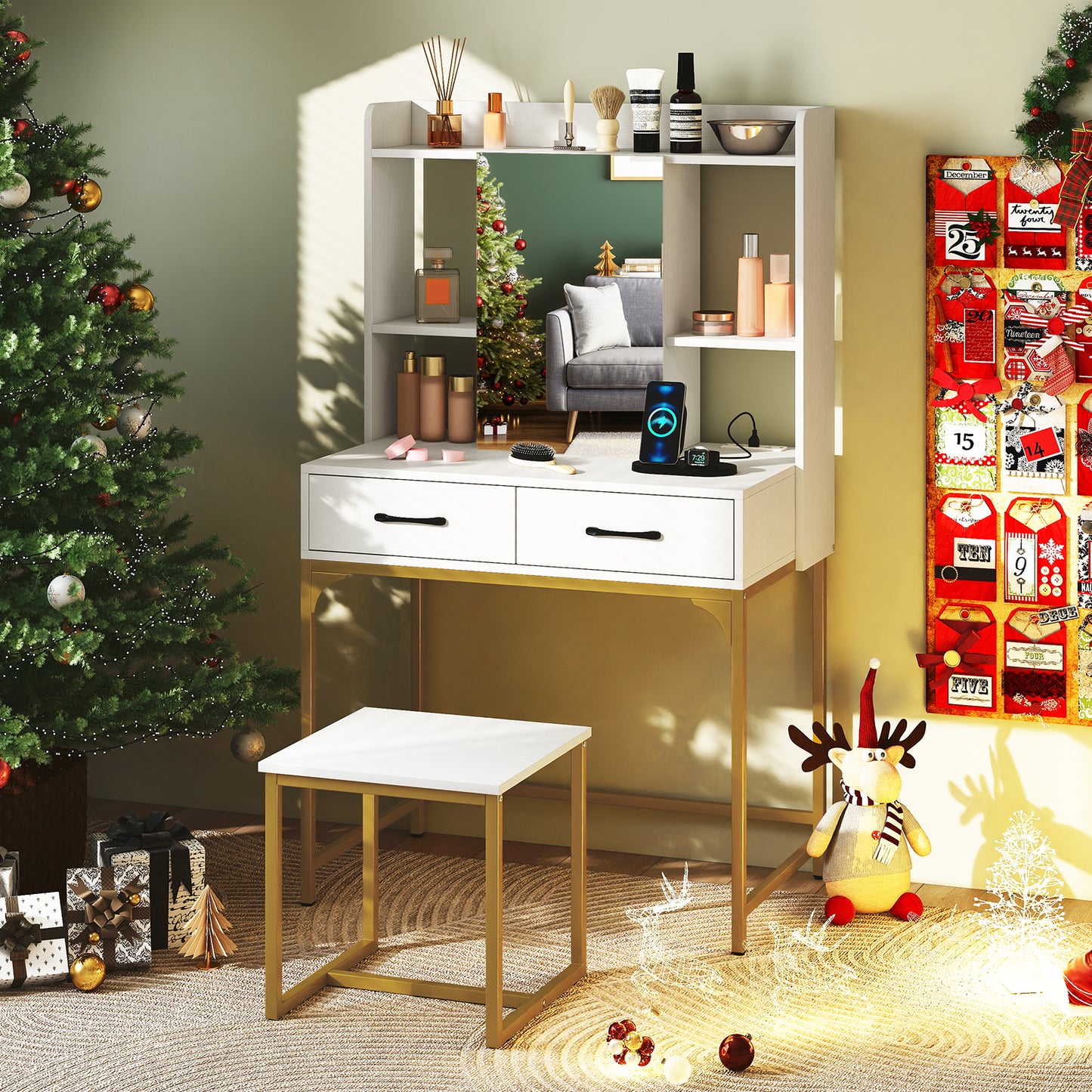 Vanity Desk with Storage Drawers and Charging Station-White
