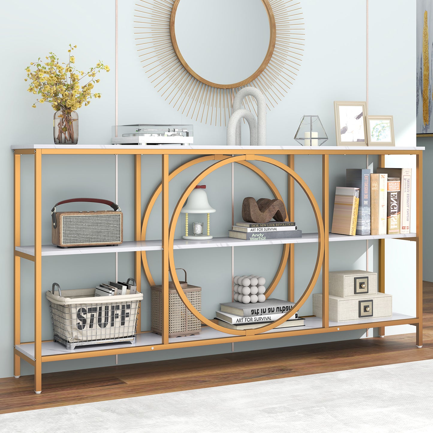 3-Tier Console Table with Faux Marble Top and Storage Shelves for Hallway Living Room-White