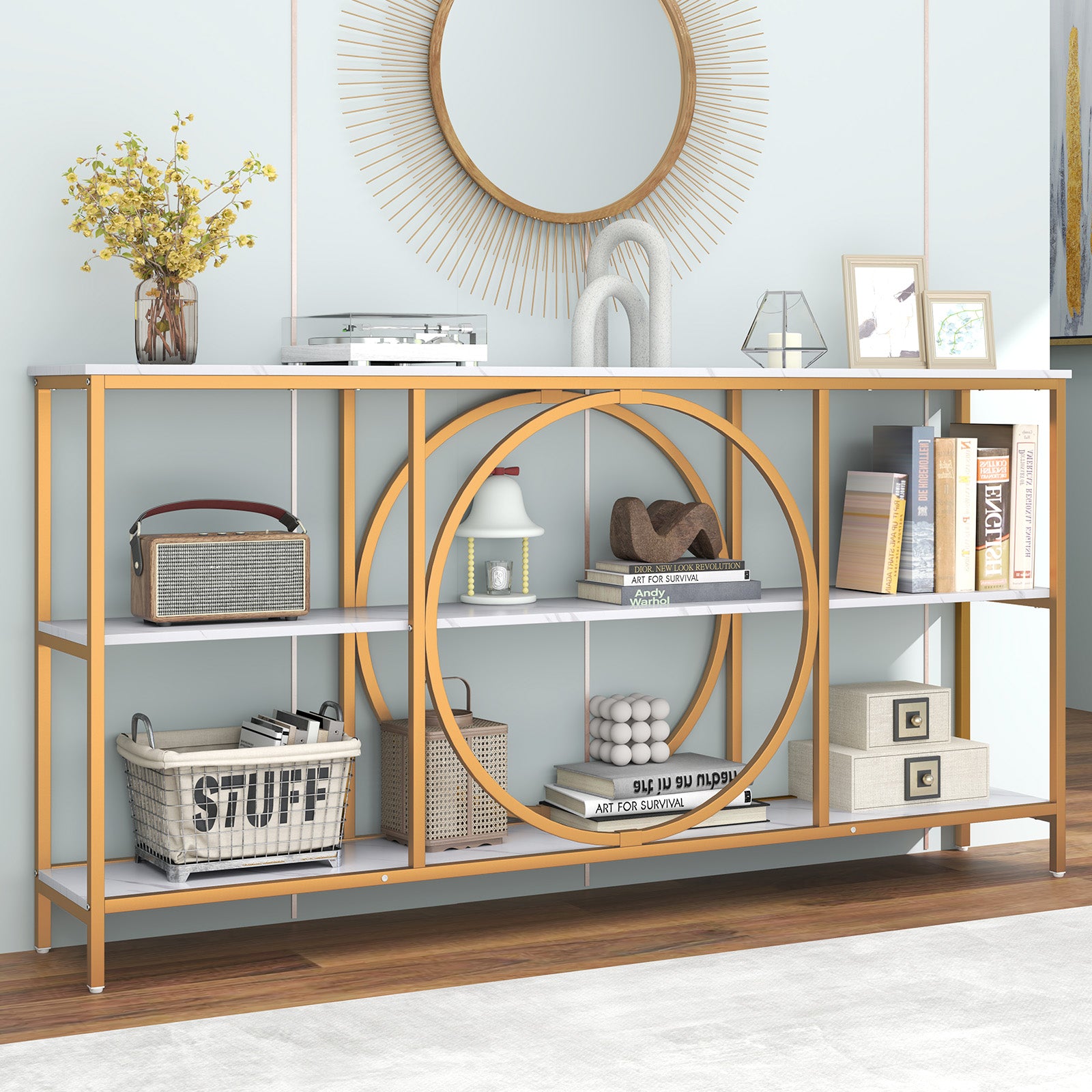 3-Tier Console Table with Faux Marble Top and Storage Shelves for Hallway Living Room-White