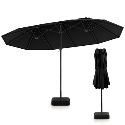 15 Feet Double-Sided Twin Patio Umbrella with Crank and Base-Black - Black