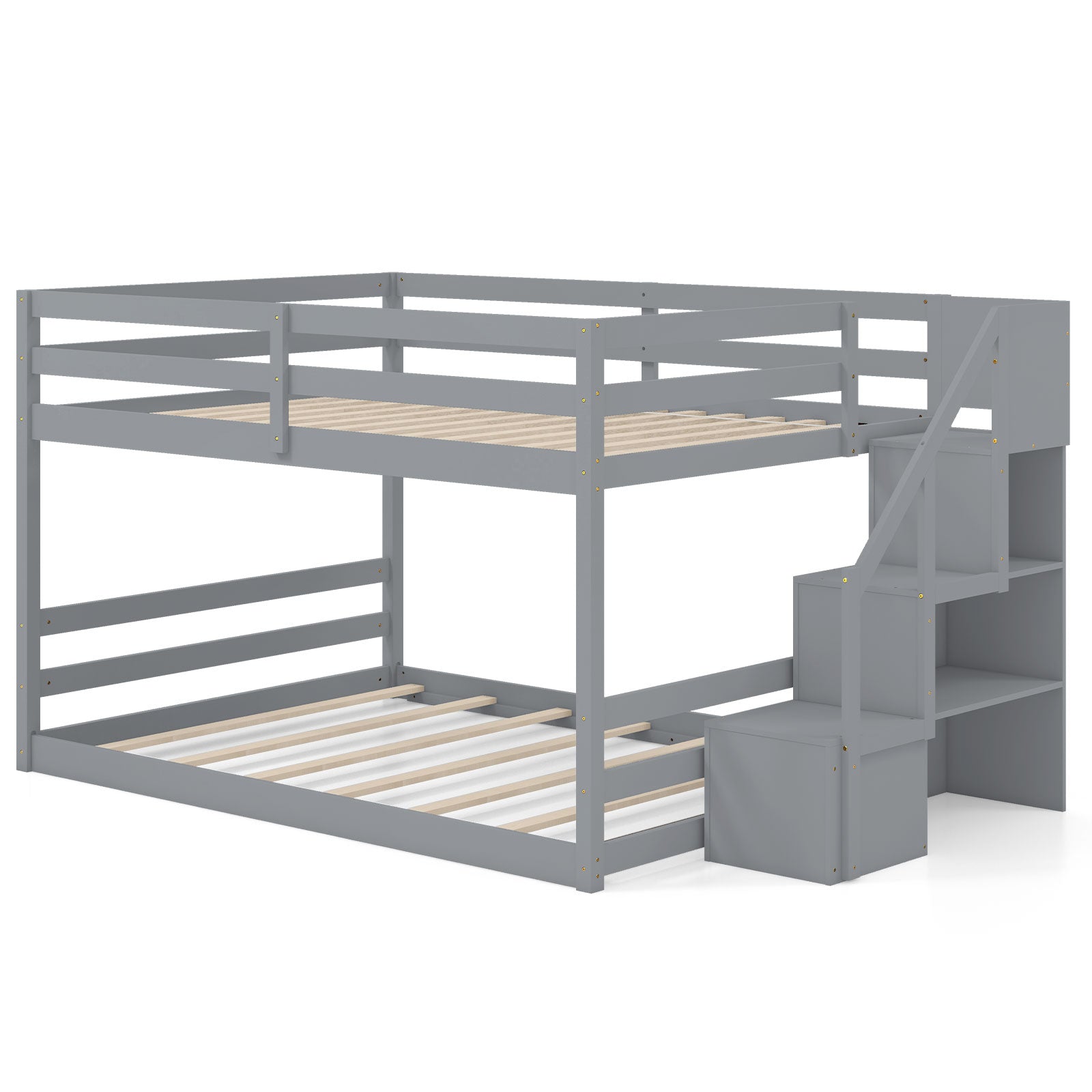 Solid Wood Full Over Full Low Bunk Bed with Storage Stairs-Gray - Gray