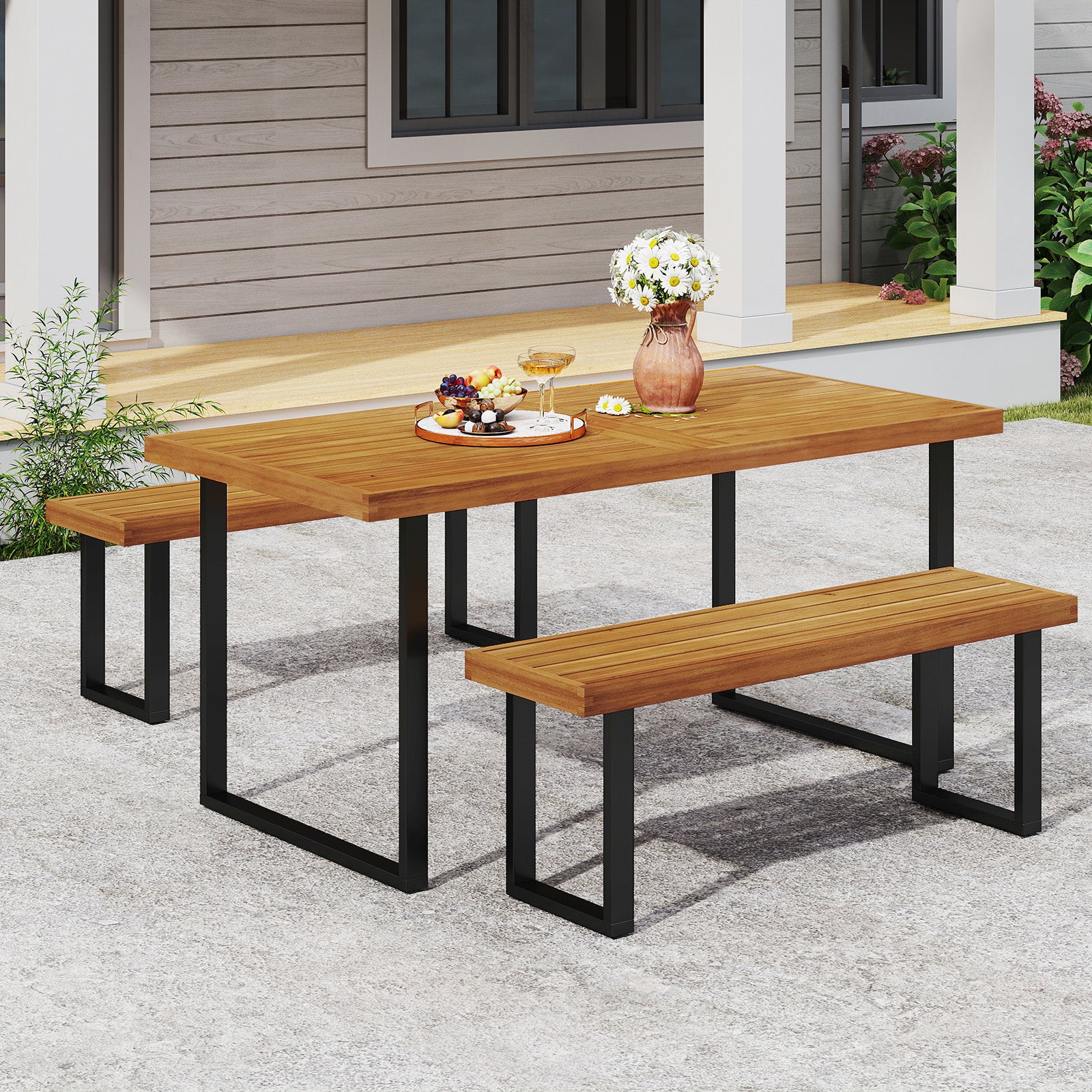 3 Pieces Patio Dining Table Set 63‚Äù Rectangle Table and 2 Backless Bench