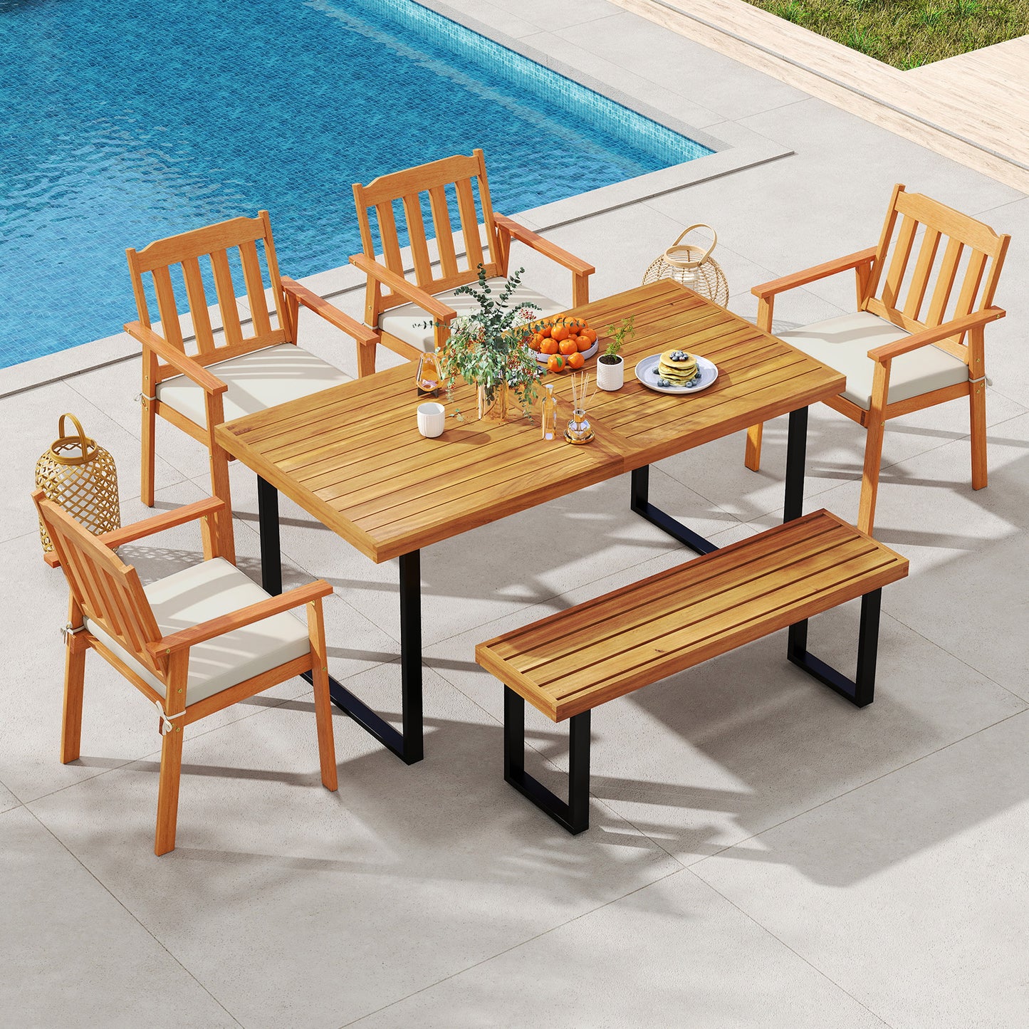 6 Pieces Patio Dining Table Set 63‚Äù Rectangle Table with 4 Acacia Wood Armchairs and Backless Bench