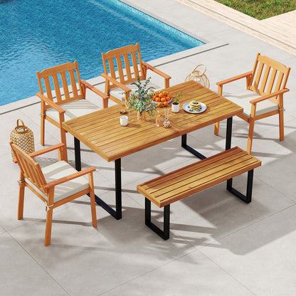 6 Pieces Patio Dining Table Set 63‚Äù Rectangle Table with 4 Acacia Wood Armchairs and Backless Bench
