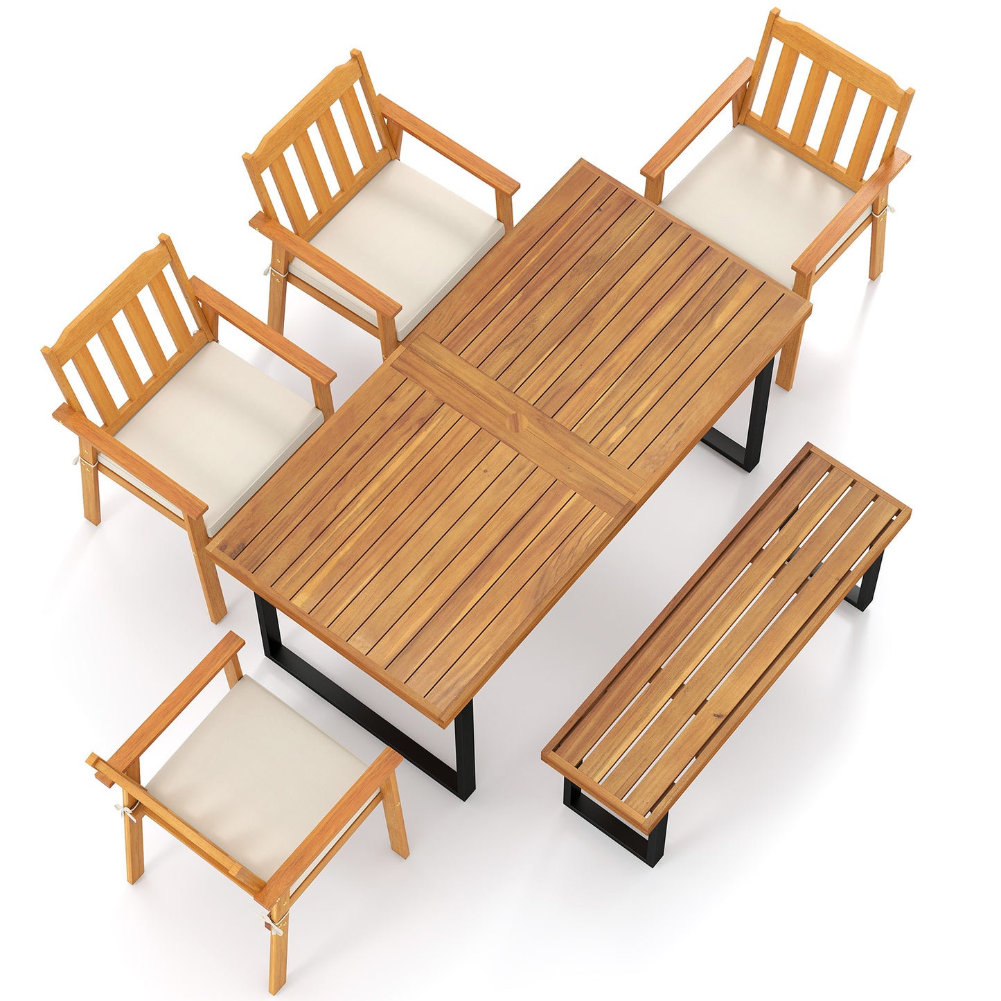 6 Pieces Patio Dining Table Set 63‚Äù Rectangle Table with 4 Acacia Wood Armchairs and Backless Bench