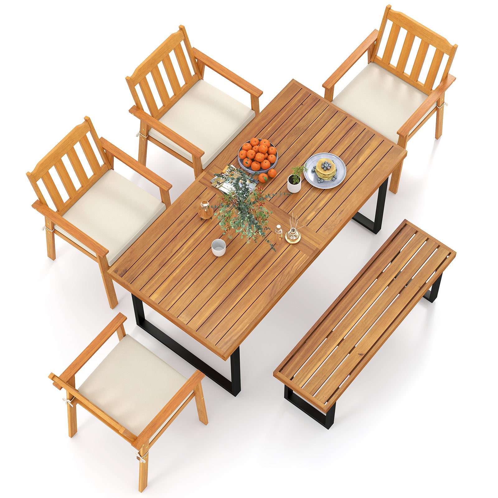6 Pieces Patio Dining Table Set 63‚Äù Rectangle Table with 4 Acacia Wood Armchairs and Backless Bench