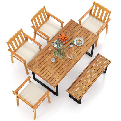 6 Pieces Patio Dining Table Set 63‚Äù Rectangle Table with 4 Acacia Wood Armchairs and Backless Bench
