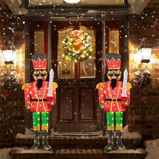 Set of 2 5 FT Lighted Christmas Nutcracker with Glitter Sword