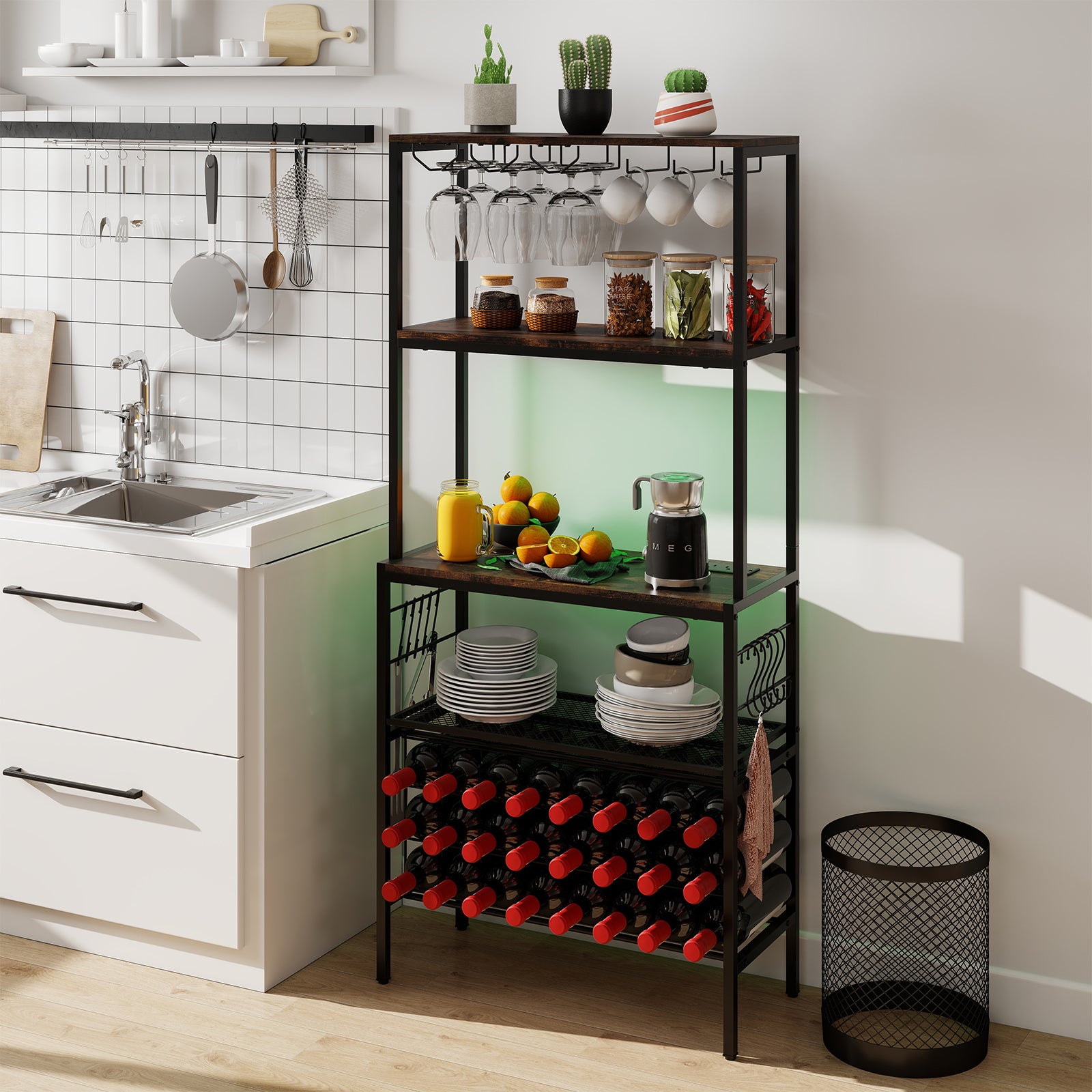 Wine Organizer with Power Outlet and Bottle Holders-Rustic Brown
