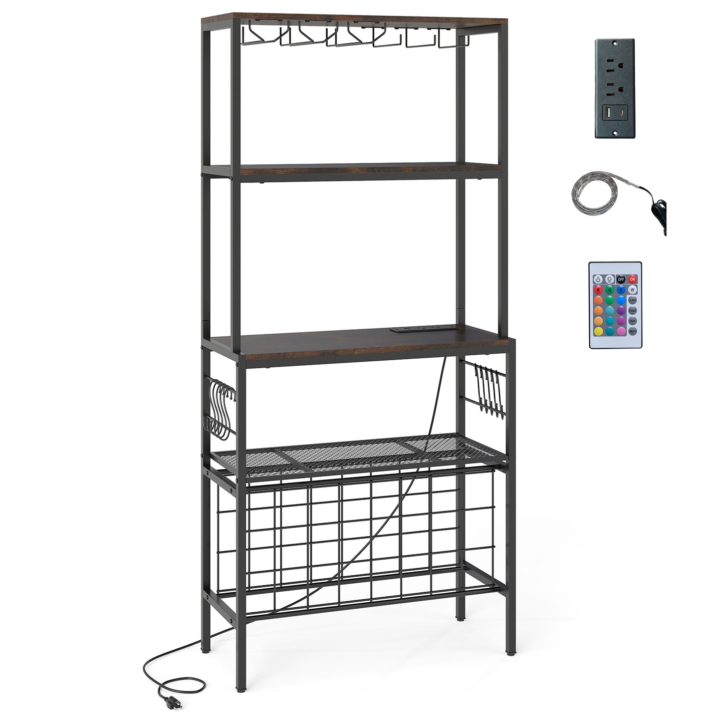 Wine Organizer with Power Outlet and Bottle Holders-Rustic Brown