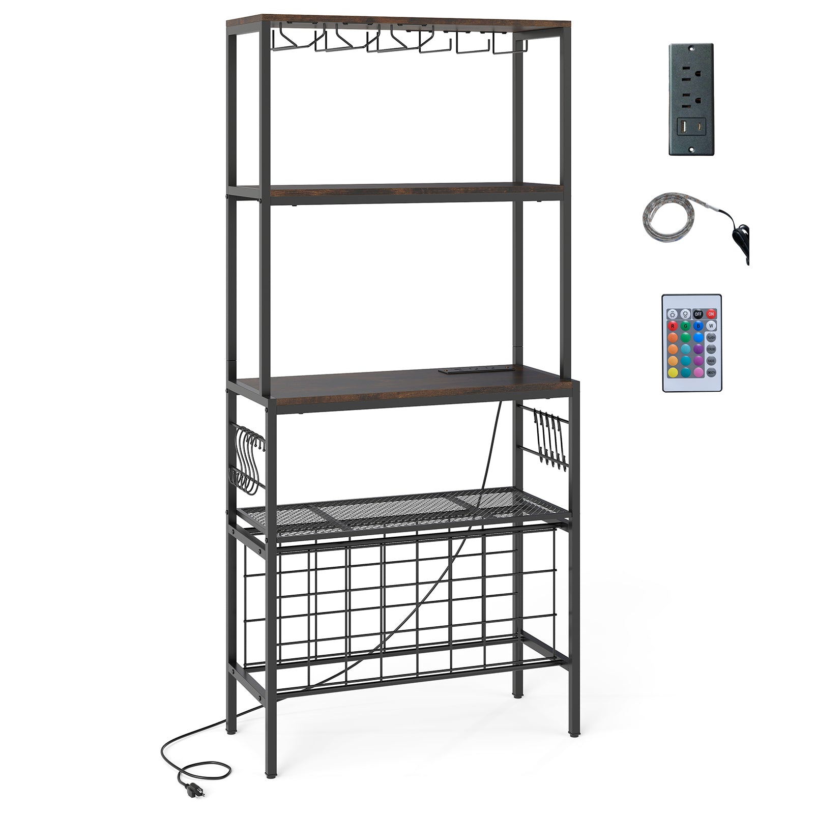 Wine Organizer with Power Outlet and Bottle Holders-Rustic Brown