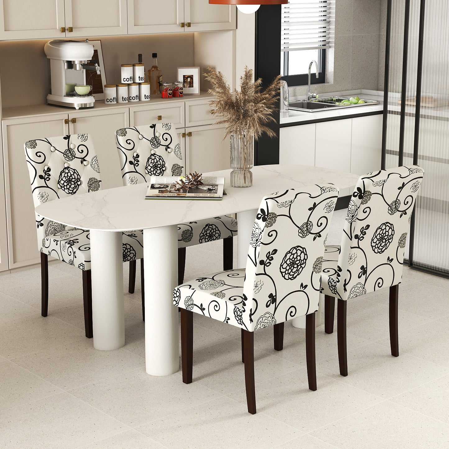 Button Tufted Fabric Upholstered Wooden Dining Chair Set of 2 with High Curved Back-Beige
