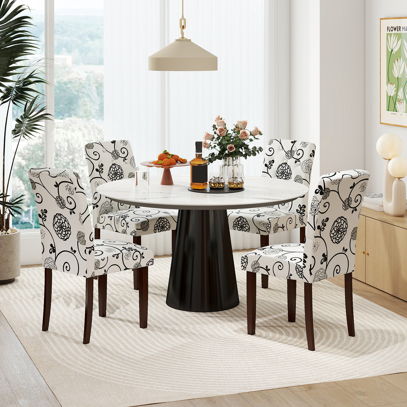Button Tufted Fabric Upholstered Wooden Dining Chair Set of 2 with High Curved Back-Beige