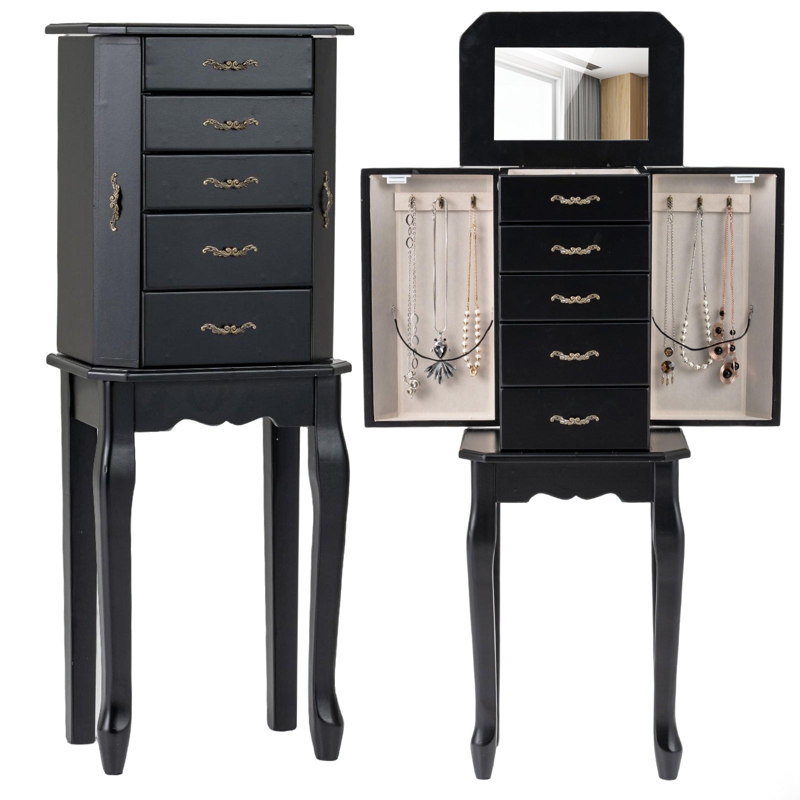 Standing Jewelry Box with 4 Drawers and 2 Side Doors-Black