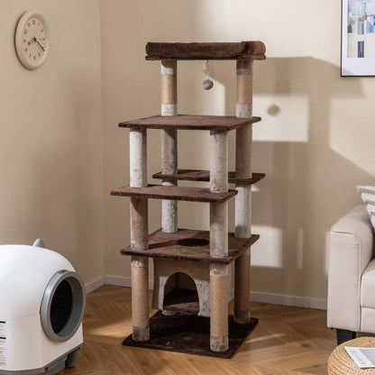 58 Inch Large Multi-level Cat Tree with Swaying Aerial Condo and Plush Perch Bed-Brown