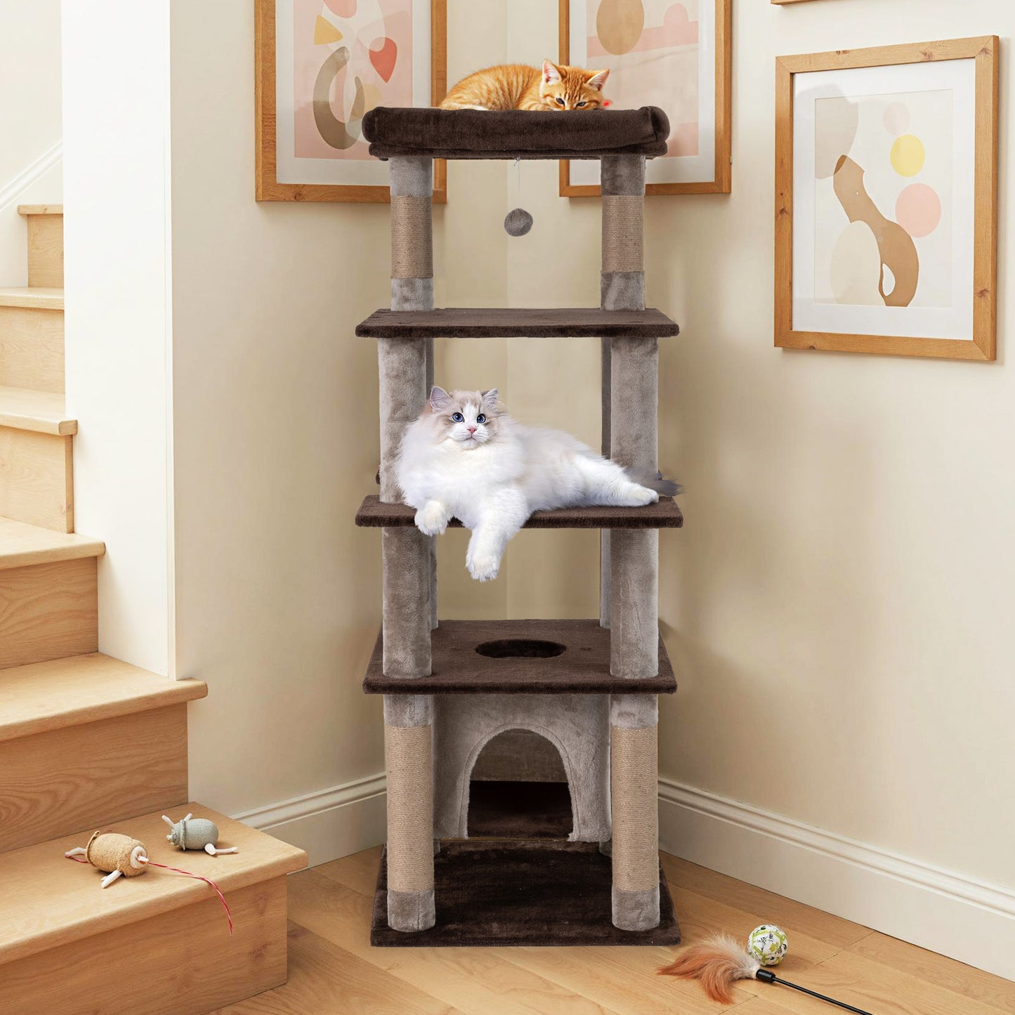 58 Inch Large Multi-level Cat Tree with Swaying Aerial Condo and Plush Perch Bed-Brown