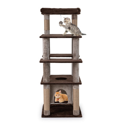 58 Inch Large Multi-level Cat Tree with Swaying Aerial Condo and Plush Perch Bed-Brown