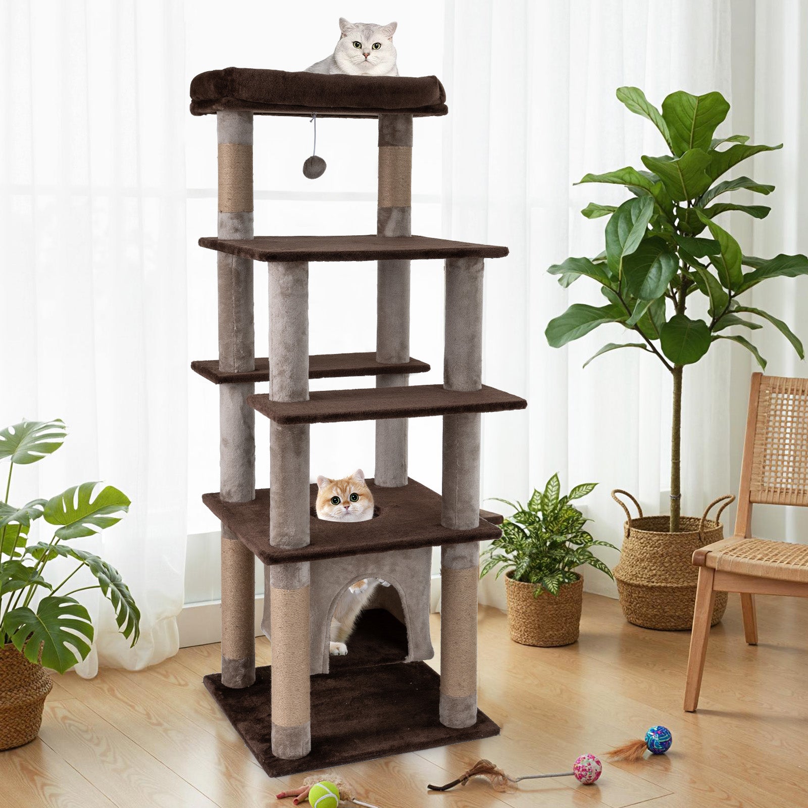 58 Inch Large Multi-level Cat Tree with Swaying Aerial Condo and Plush Perch Bed-Brown