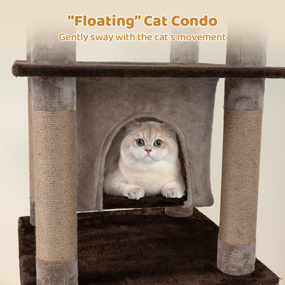 58 Inch Large Multi-level Cat Tree with Swaying Aerial Condo and Plush Perch Bed-Brown