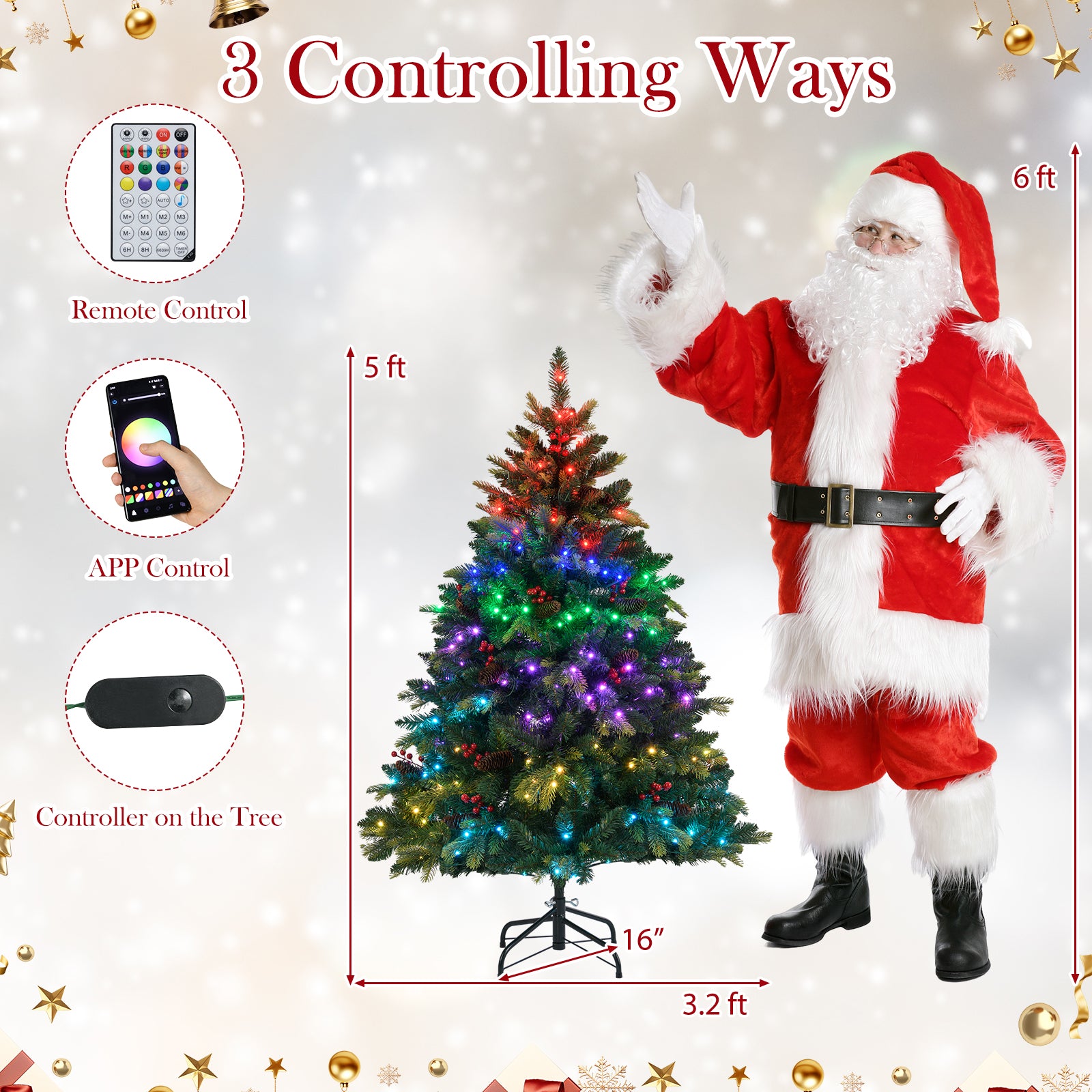 5/6/7/8 FT Artificial Christmas Tree with LED Lights and Remote APP Control-5 FT