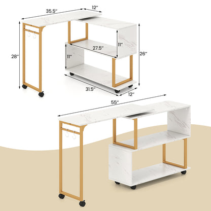 360¬∞ Rotating Sofa Side Table with Storage Bookcase and Hooks for Living Room-White