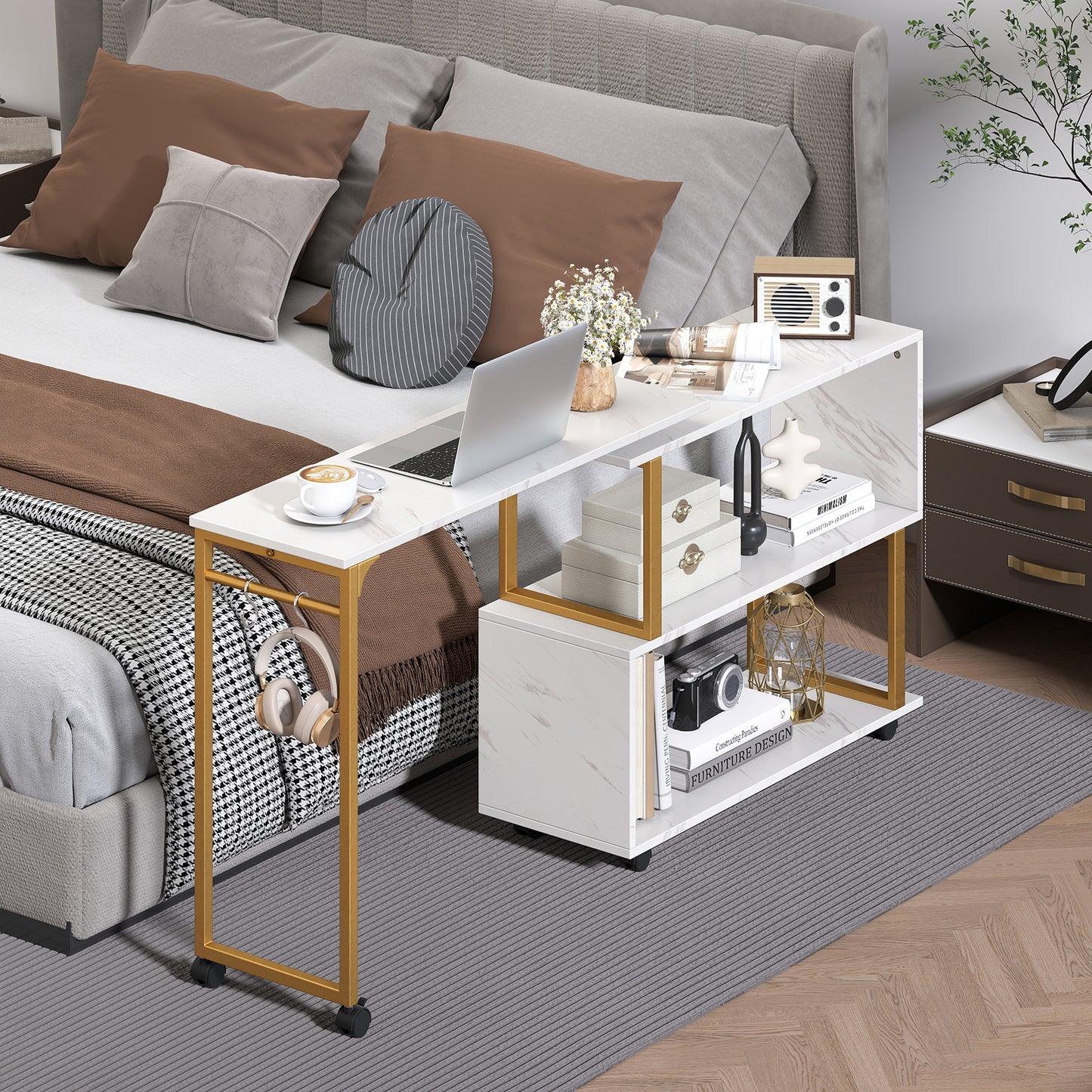 360¬∞ Rotating Sofa Side Table with Storage Bookcase and Hooks for Living Room-White