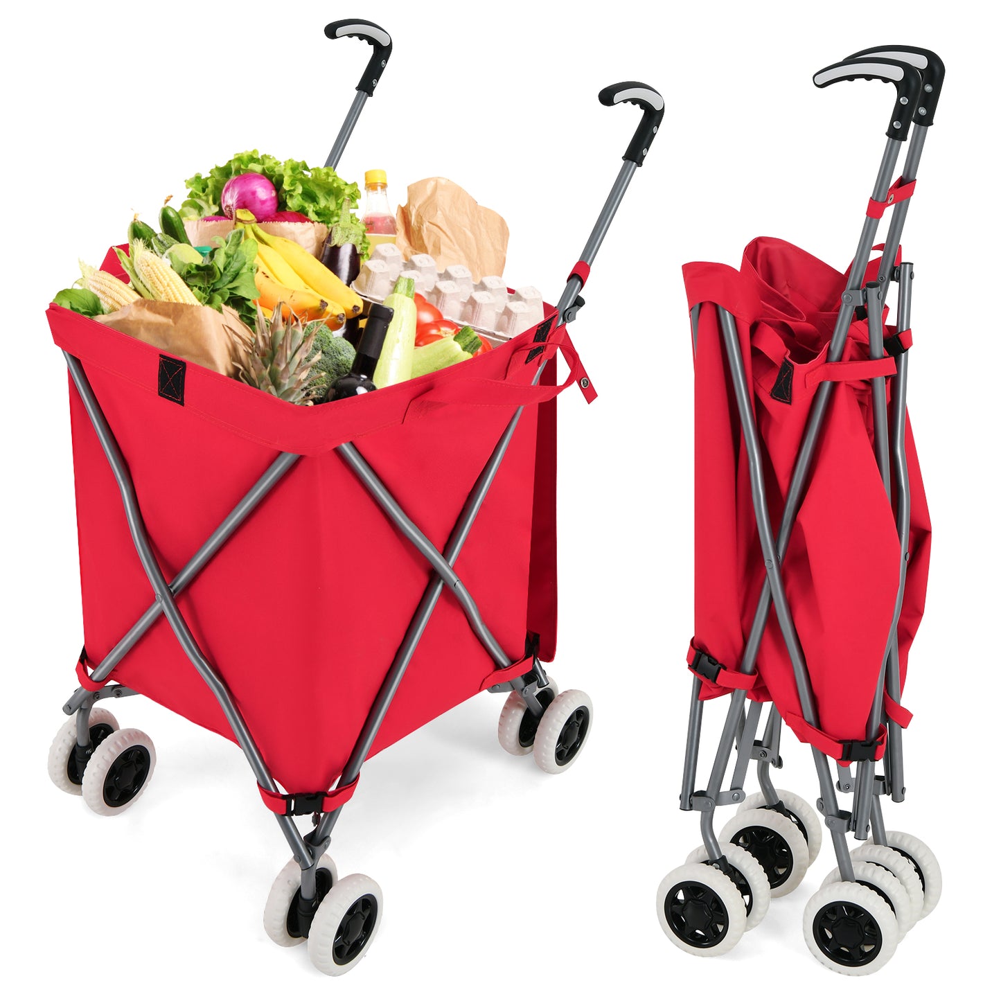 Folding Shopping Utility Cart with Water-Resistant Removable Canvas Bag-Blue - Red