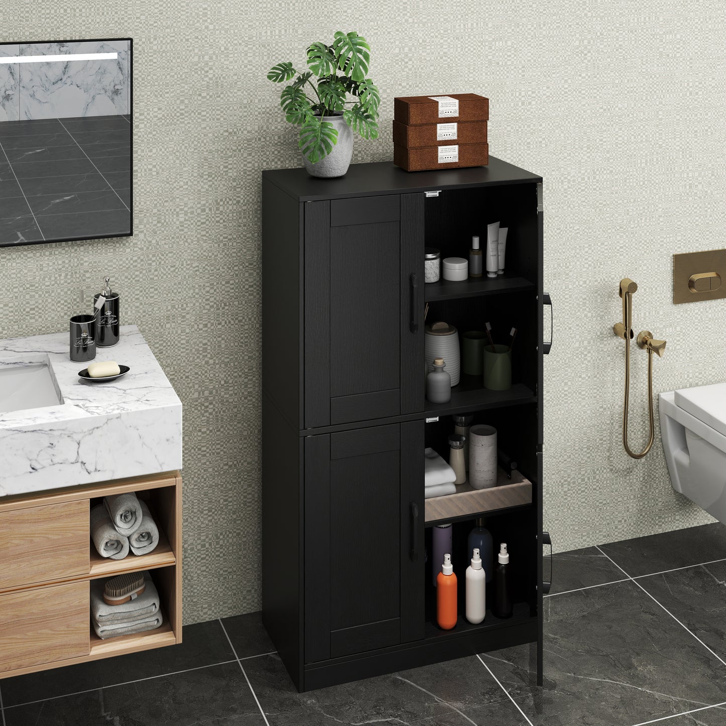 Bathroom Cabinet 43.5 inch Storage Cabinet with Doors and Adjustable Shelves-Black