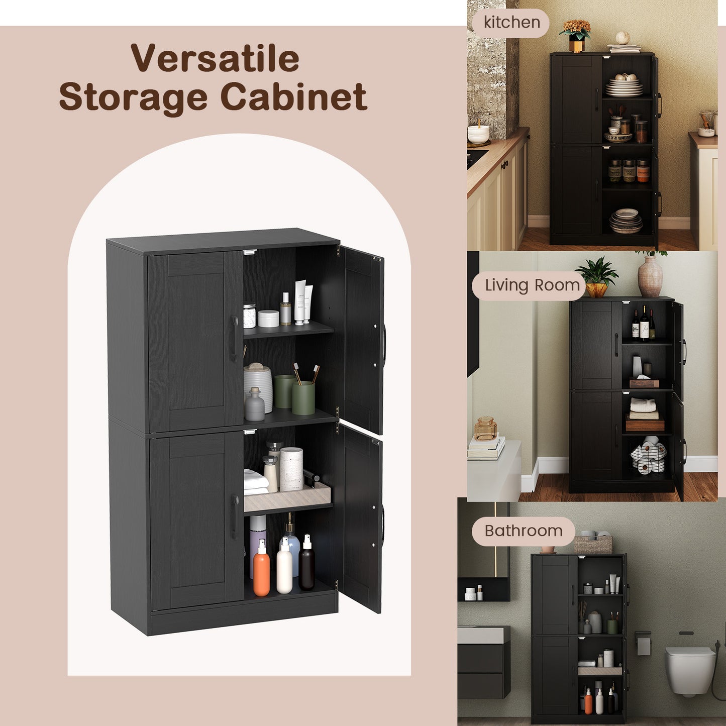 Bathroom Cabinet 43.5 inch Storage Cabinet with Doors and Adjustable Shelves-Black