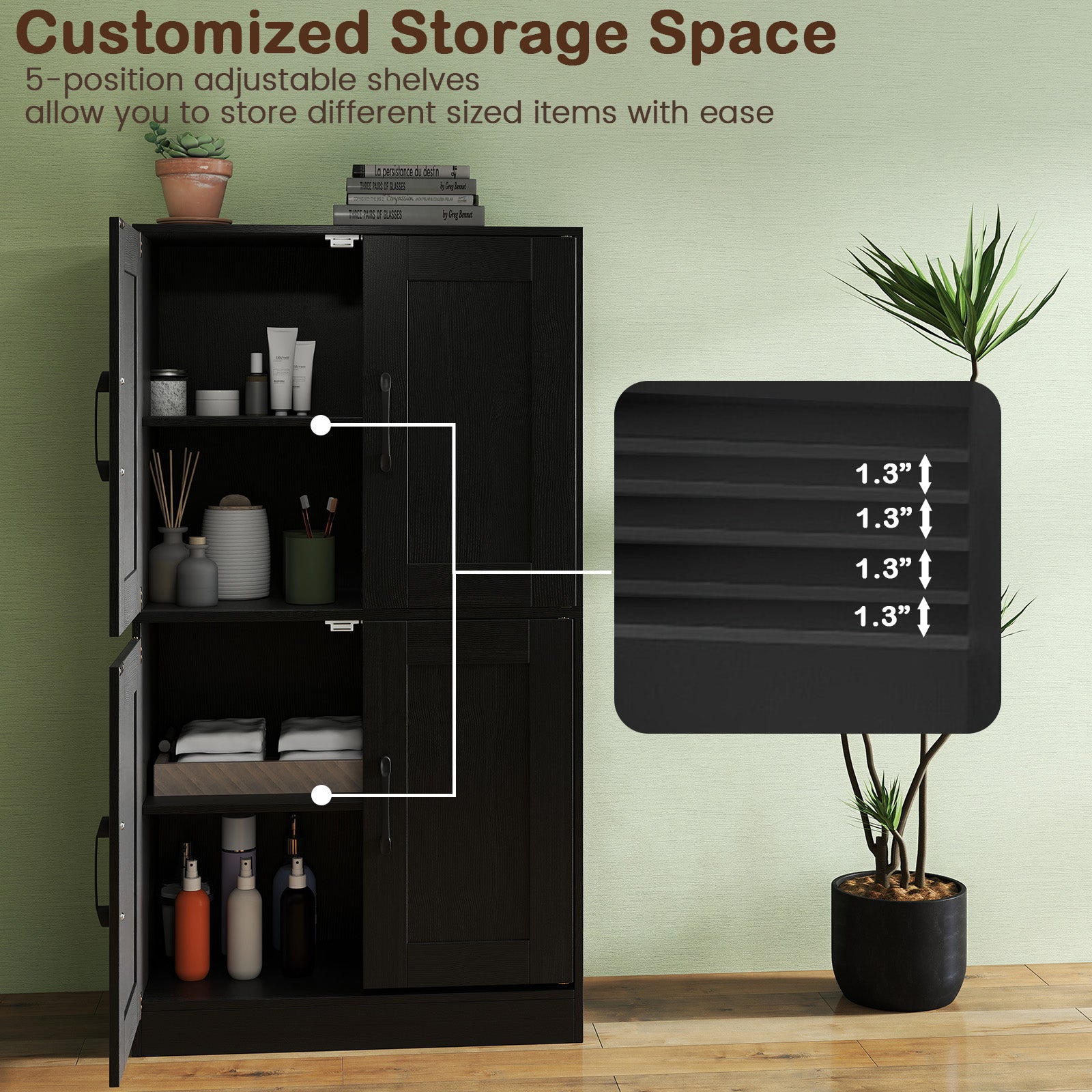 Bathroom Cabinet 43.5 inch Storage Cabinet with Doors and Adjustable Shelves-Black