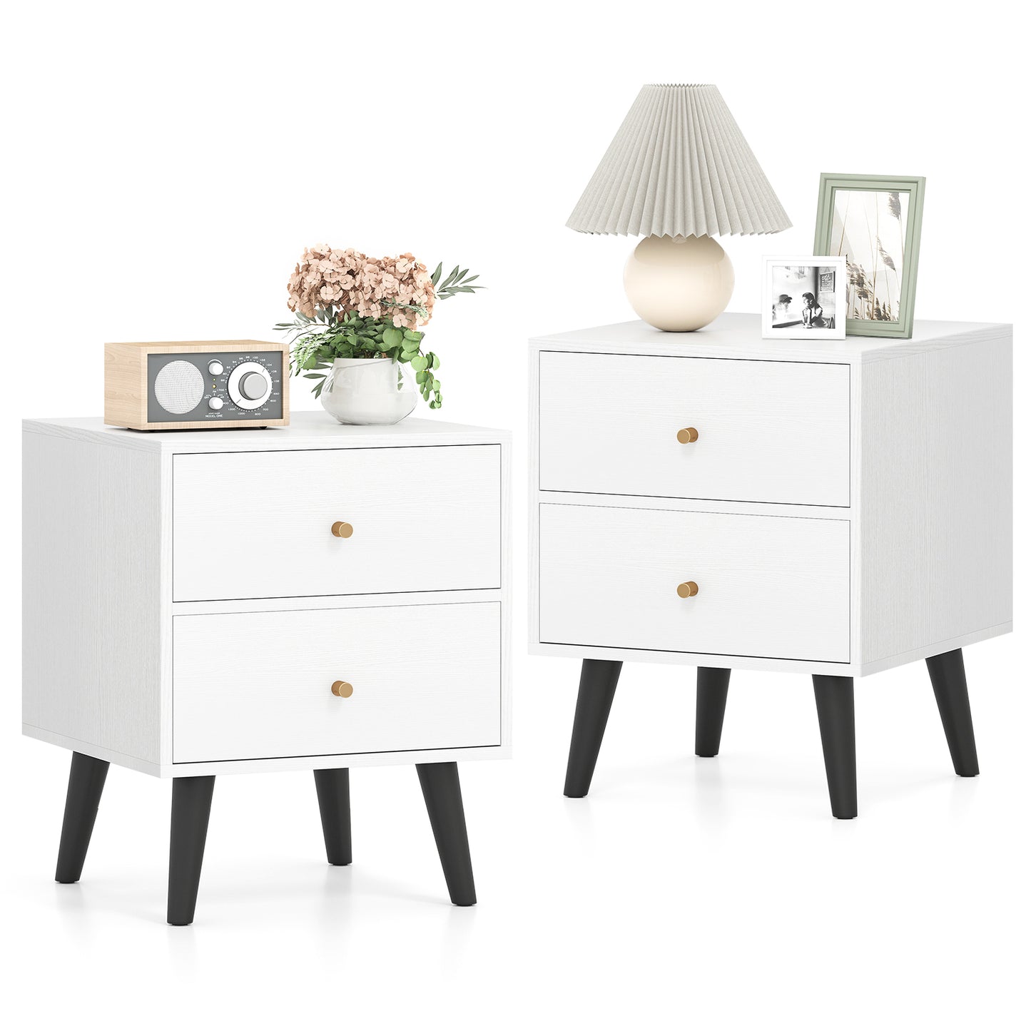 Nightstand Set of 2 Mid Century Modern Bedside Table with Golden Knobs and Raised Support Legs