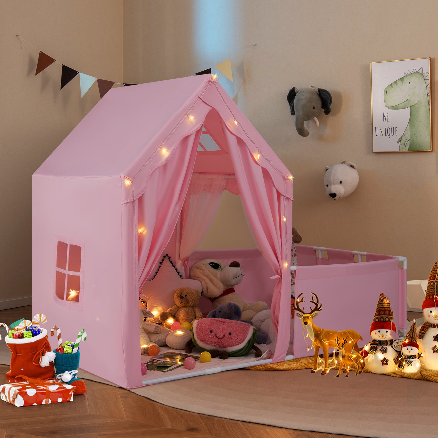 Kids Play Tent with Playpen 2-in-1 Toddler Playhouse with Yard-Pink