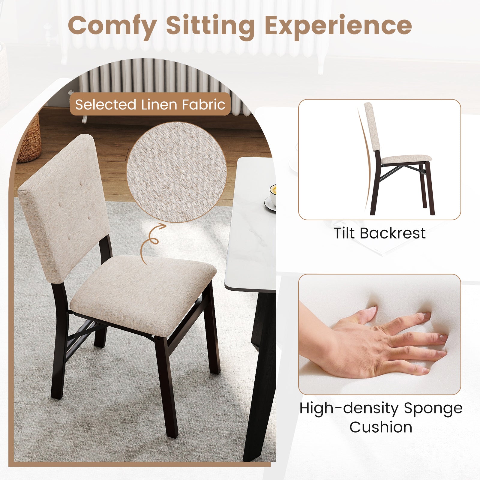 Foldable Dining Chair Set of 2 Armless Kitchen Chair with Padded Seat and Tilt Backrest-Beige