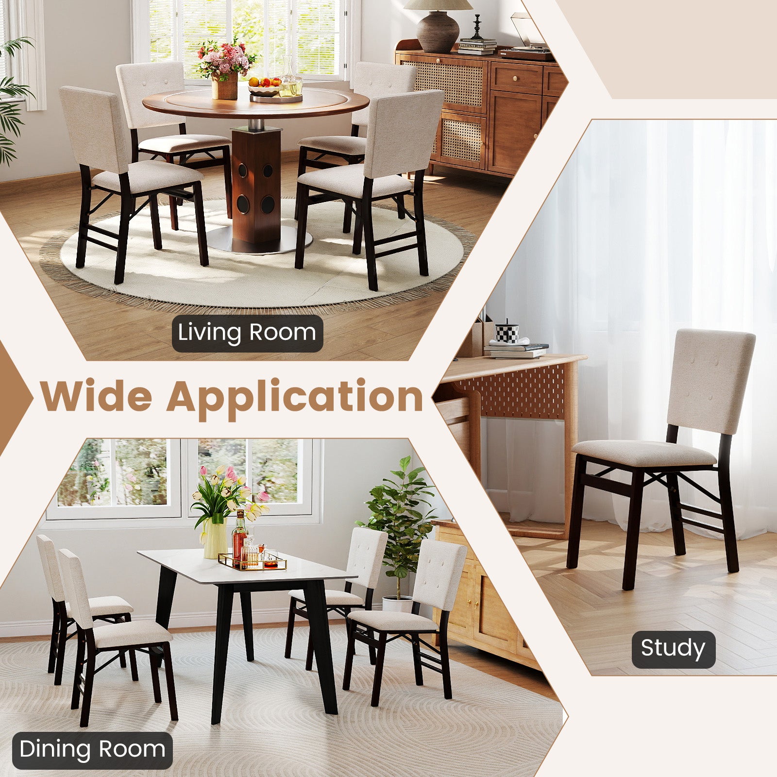 Foldable Dining Chair Set of 2 Armless Kitchen Chair with Padded Seat and Tilt Backrest-Beige