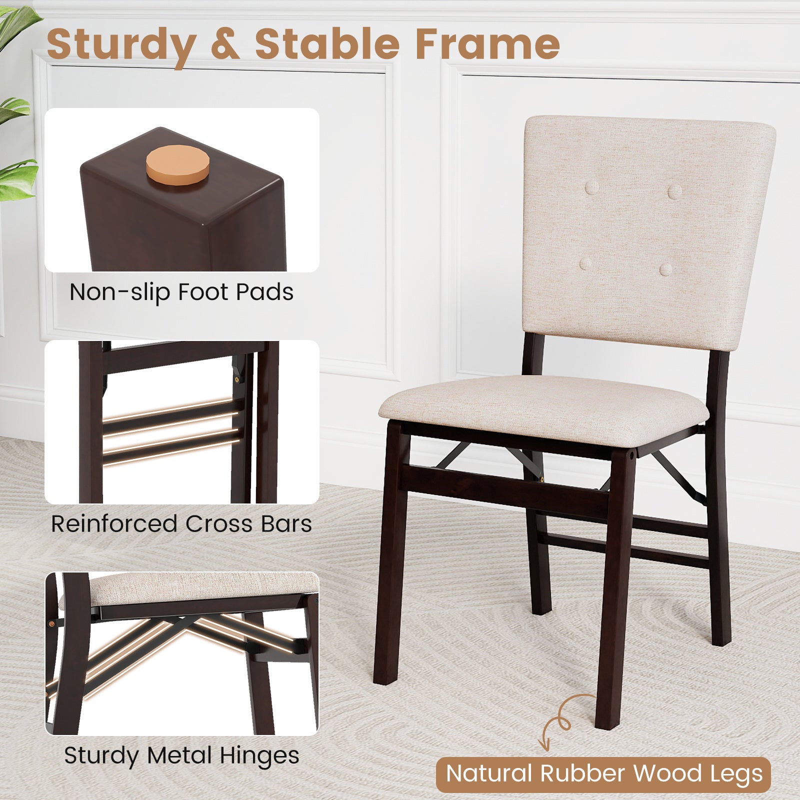 Foldable Dining Chair Set of 4 Armless Kitchen Chair with Padded Seat and Tilt Backrest-Beige
