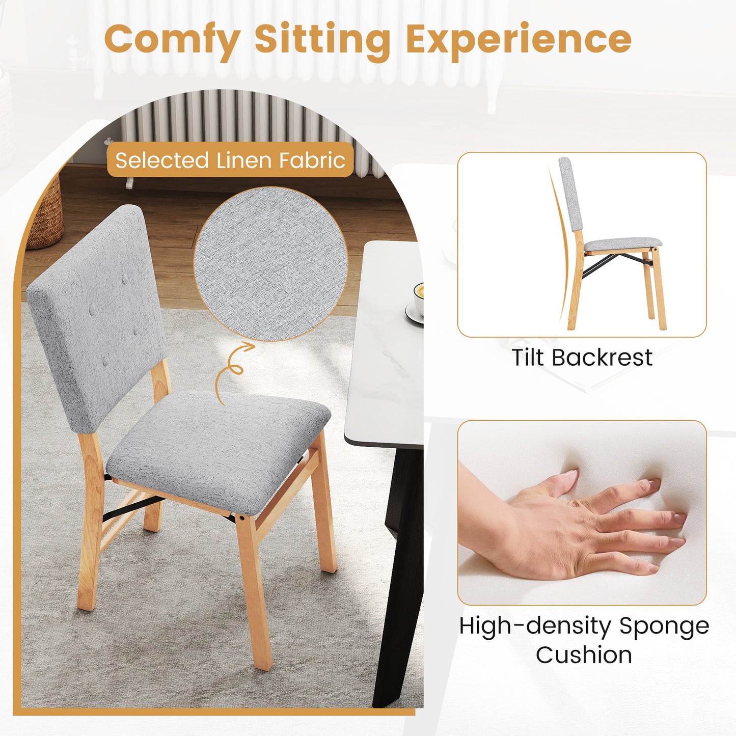 Foldable Dining Chair Set of 4 Armless Kitchen Chair with Padded Seat and Tilt Backrest-Gray