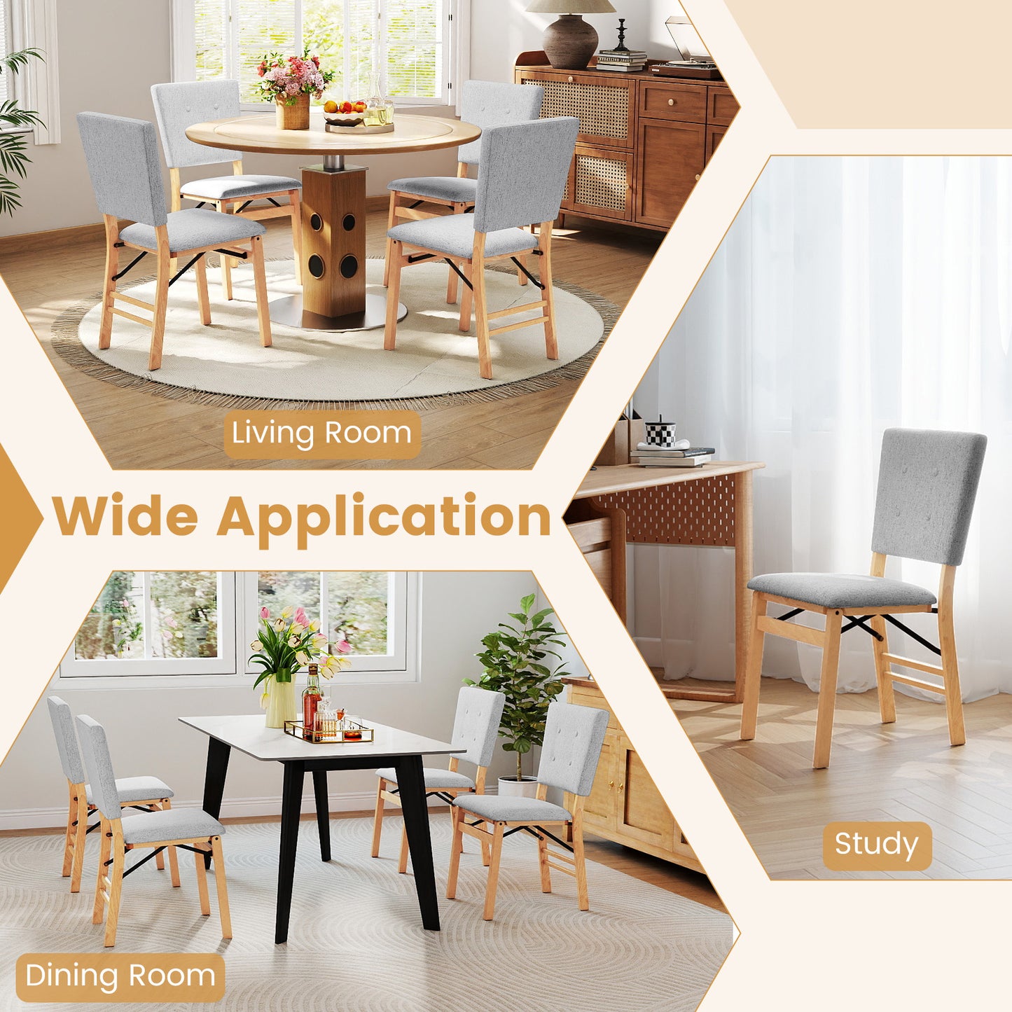Foldable Dining Chair Set of 4 Armless Kitchen Chair with Padded Seat and Tilt Backrest-Gray