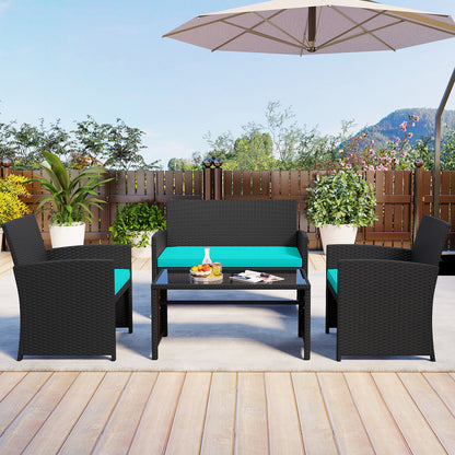 4 Pieces Patio Furniture Set with Tempered Glass Tabletop and Removable Cushion-Turquoise