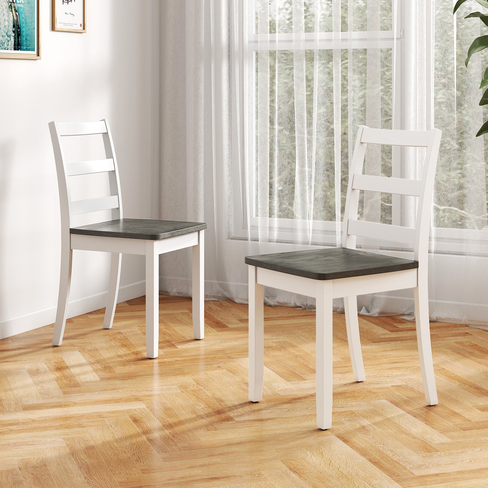 Set of 4 Wood Dining Chairs with Solid Rubber Wood Legs-Gray