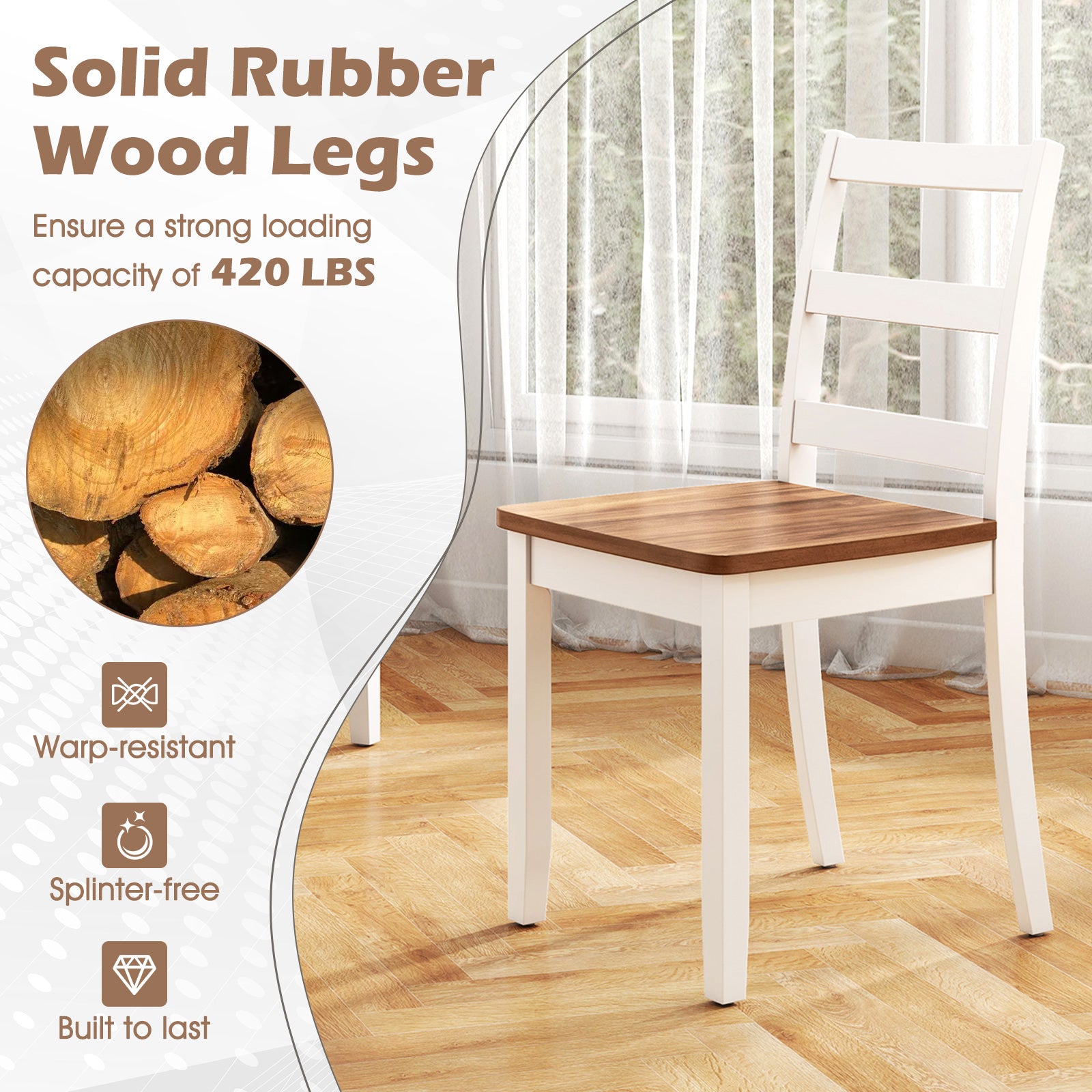 Set of 4 Wood Dining Chairs with Solid Rubber Wood Legs-Rustic Brown
