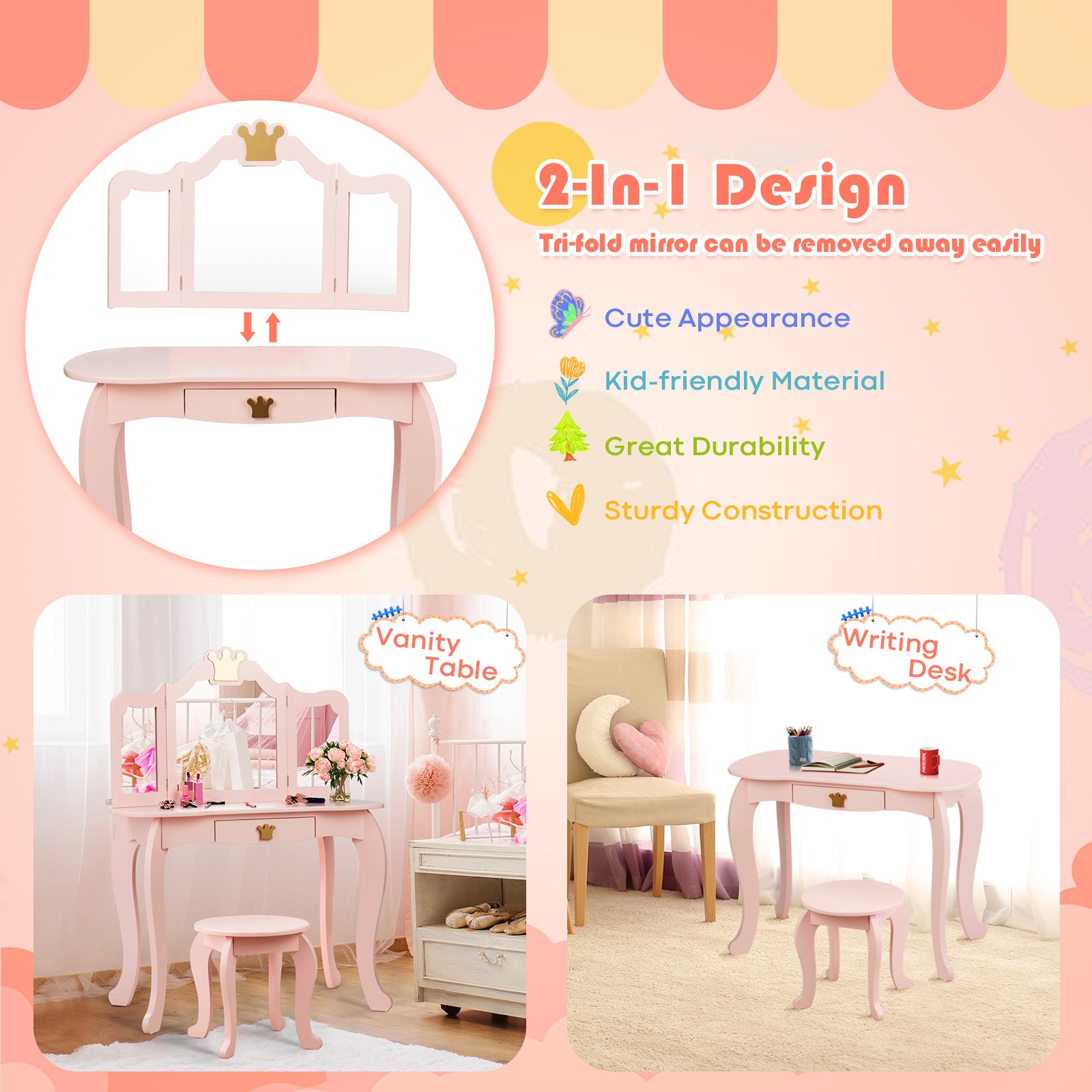 Kids Vanity Set + Kids Jewelry Armoire with Full-Length Mirror with Drawer