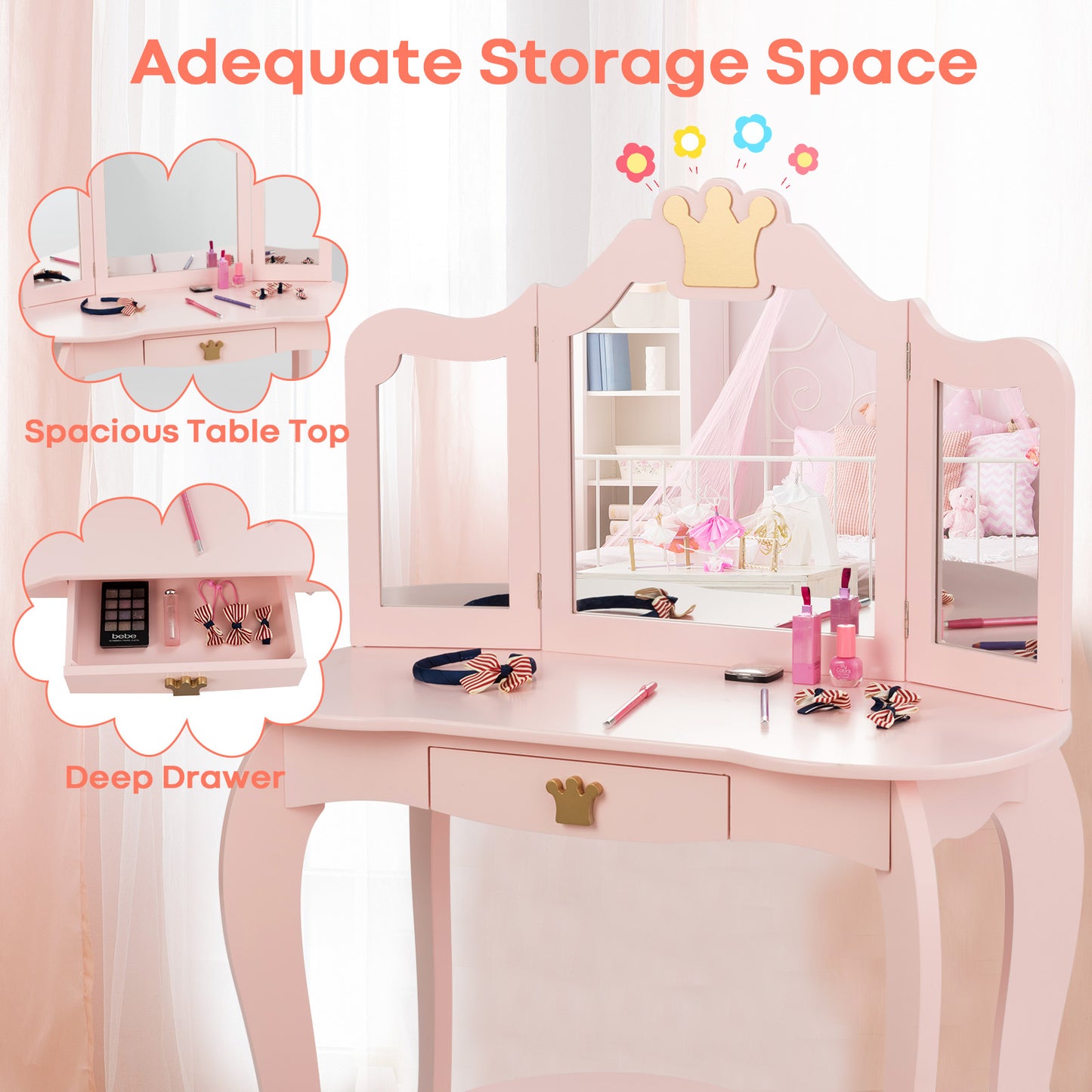 Kids Vanity Set + Kids Jewelry Armoire with Full-Length Mirror with Drawer