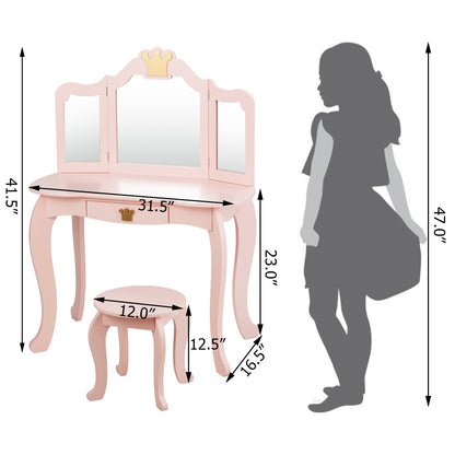 Kids Vanity Set + Kids Jewelry Armoire with Full-Length Mirror with Drawer