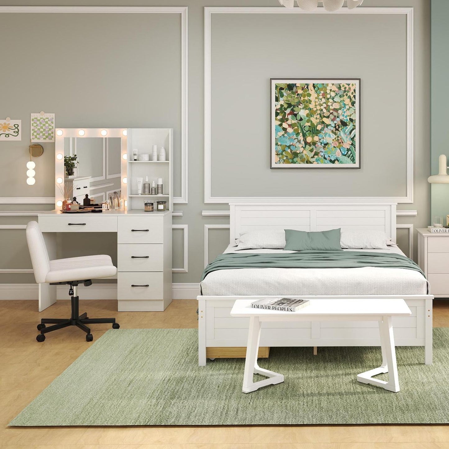 4-Piece Bedroom Furniture Set with Twin Size Bed Frame Entryway Bench Vanity Desk and Jewelry Armoire