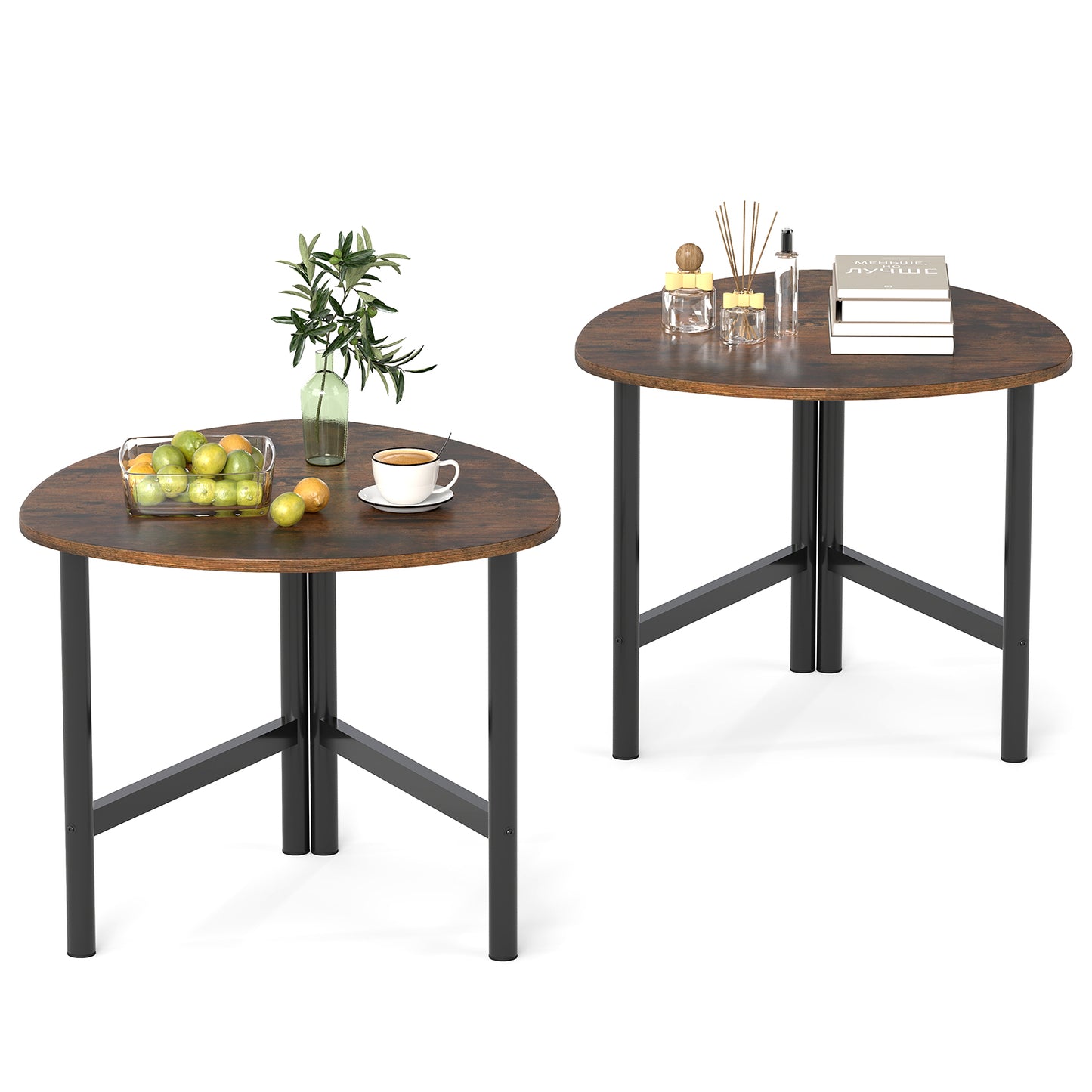 Set of 2 Triangle Coffee Table Oval with Metal Legs-Rustic Brown