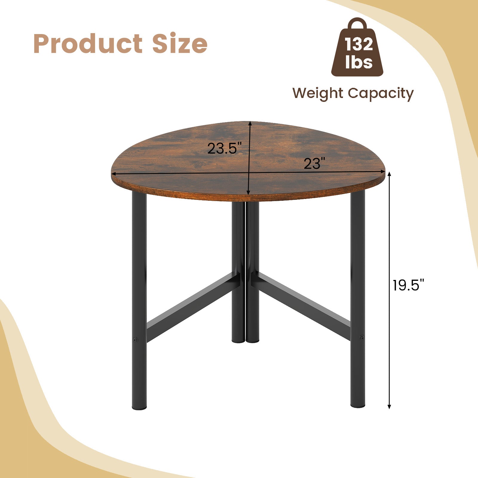 Set of 2 Triangle Coffee Table Oval with Metal Legs-Rustic Brown