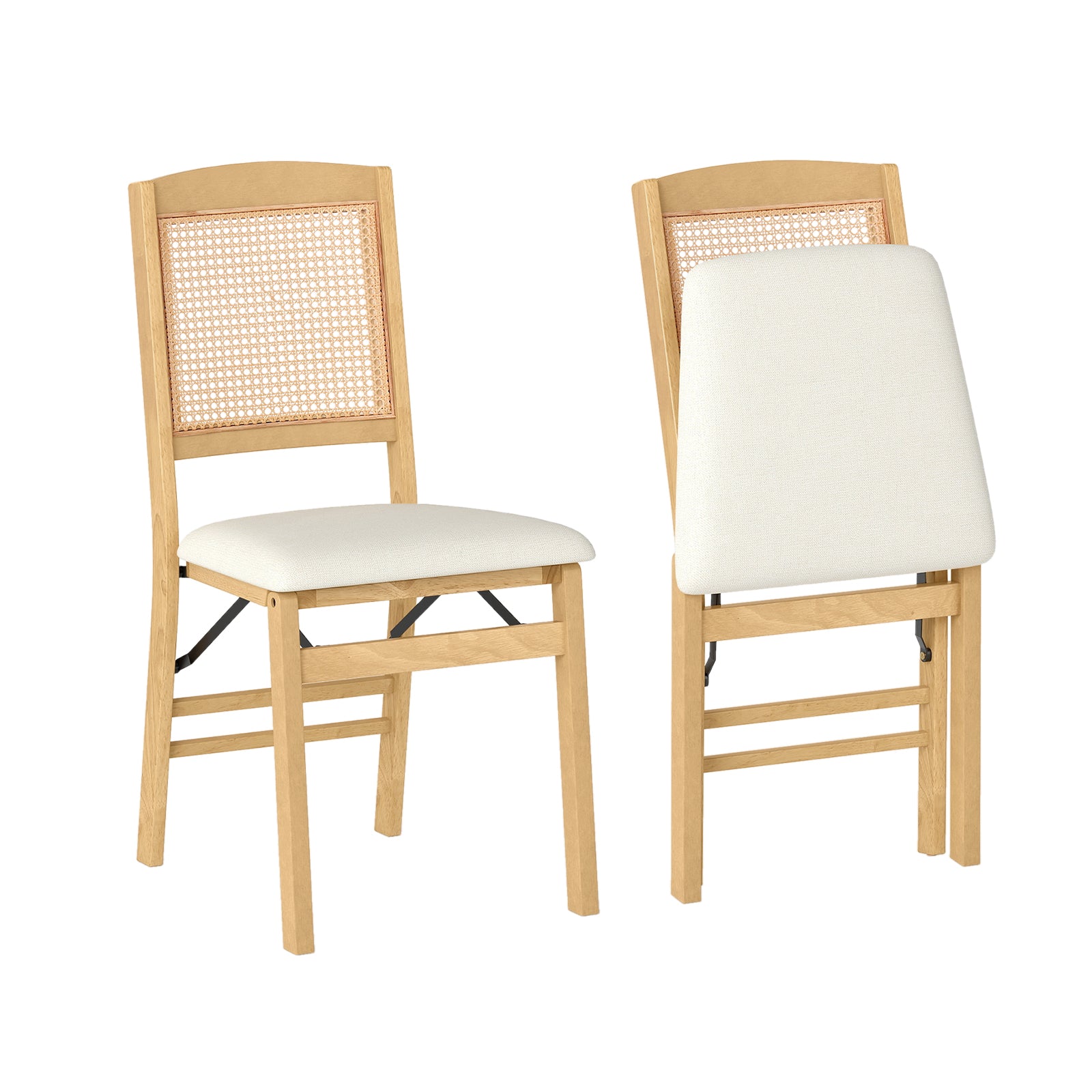Folding Dining Chairs Set of 2 Rubber Wood Chairs with Linen Padded Seat-Natural