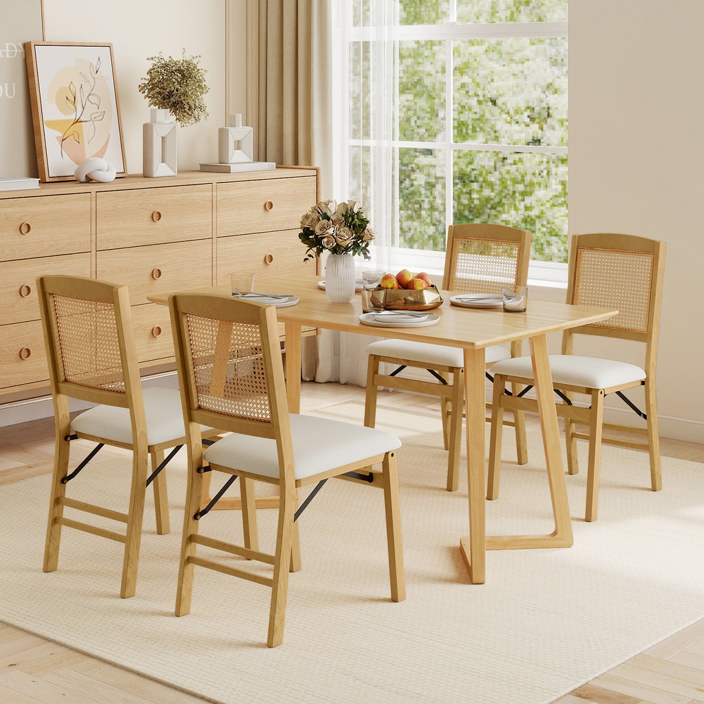 Folding Dining Chairs Set of 2 Rubber Wood Chairs with Linen Padded Seat-Natural