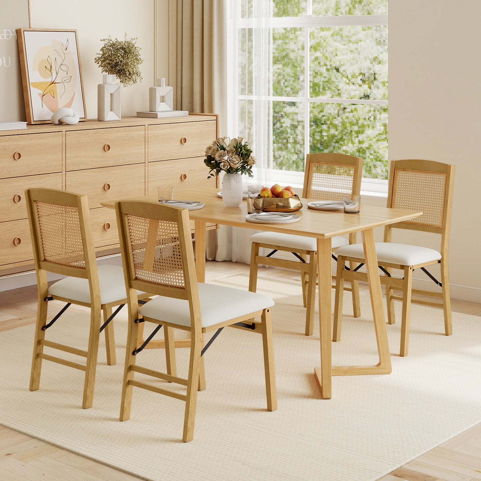 Folding Dining Chairs Set of 2 Rubber Wood Chairs with Linen Padded Seat-Natural