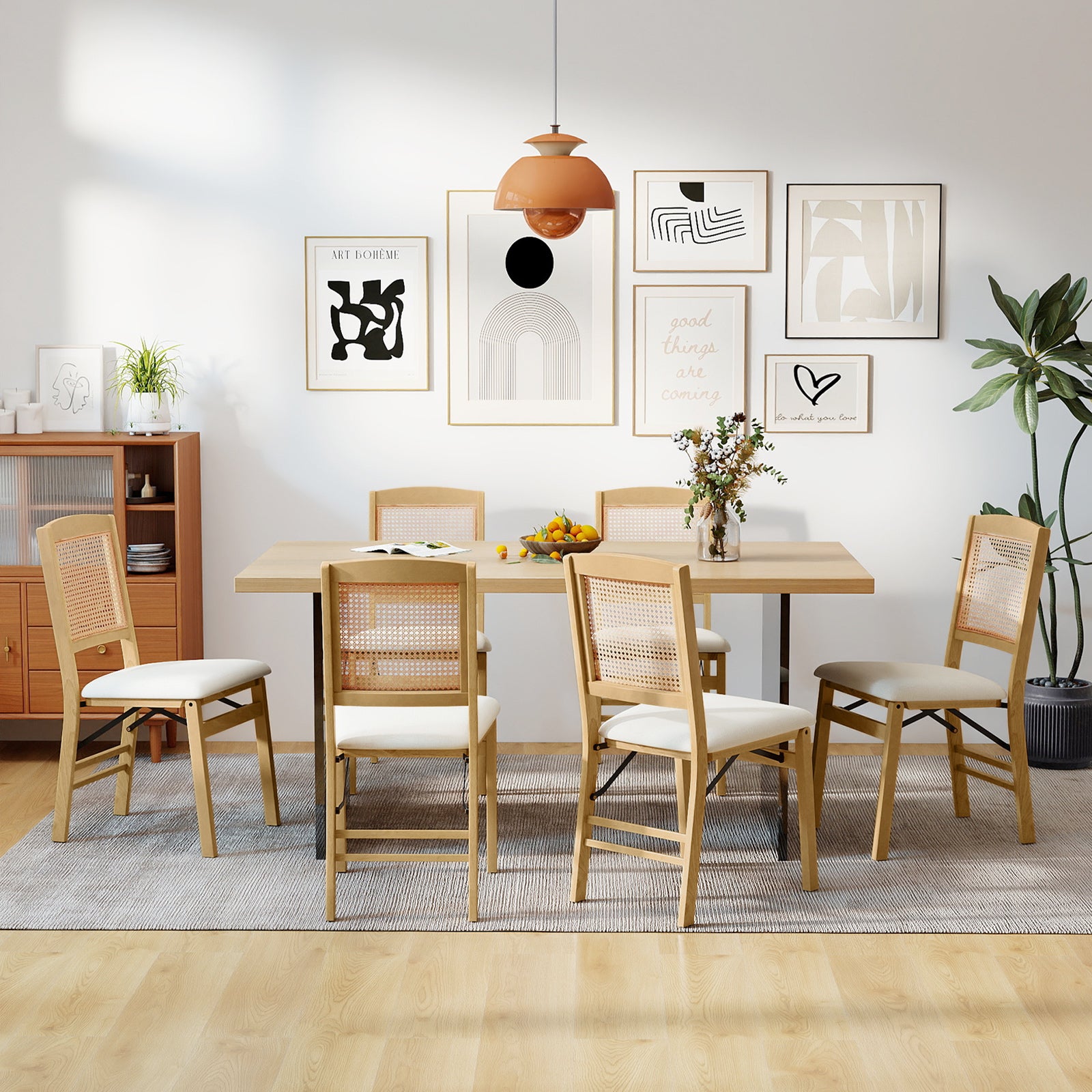 Folding Dining Chairs Set of 2 Rubber Wood Chairs with Linen Padded Seat-Natural